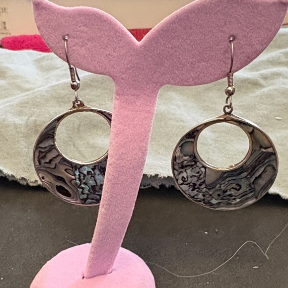 Vintage Alpaca Silver Mother Of Pearl Hoop Drop Earrings - Picture 3 of 8